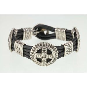 Amazing Navajo Stamped Sterling Silver & Leather Wire Bracelet 7.25"